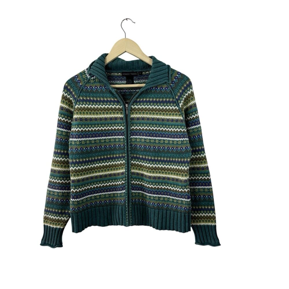 Nomadic Traders Medium Sweater Zip Cardigan Ramie Cotton Teal Blue Womens